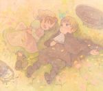  ahoge apron axis_powers_hetalia bad_id basket blonde_hair blue_eyes boots brown_hair butterfly chibitalia_(hetalia) cloak closed_eyes cravat crossdressinging dress eyes_closed grass happy hat head_scarf holy_roman_empire_(hetalia) laughing lying male multiple_boys northern_italy_(hetalia) on_back on_side open_mouth outstretched_arm pon_(cielo) skirt 