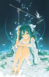  aqua_hair bare_shoulders bird dress feathers hair_ribbon hatsune_miku long_hair microphone mou-s nail_polish open_toe_shoes ribbon sandals sitting smile toenail_polish very_long_hair vocaloid 