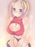  belt blonde_hair blue blue_eyes blue_mary blush body_blush breasts cleavage cleavage_cutout female halter_top halterneck hanae_shuuhei king_of_fighters large_breasts navel no_pants panties shiny shiny_skin short_hair snk solo underwear 