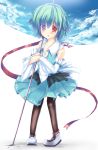  blue_eyes blue_hair blush brown_legwear cloud detached_sleeves dress ground_shatter ha_ru heterochromia highres open_mouth pantyhose pigeon-toed red_eyes short_hair sky sky_print solo tatara_kogasa touhou umbrella 