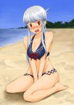  @_@ adapted_costume alternate_hairstyle bare_shoulders barefoot beach bikini blue_hair blush breasts cleavage embarrassed hair_up kabocha_head kamishirasawa_keine kneeling large_breasts long_hair mound_of_venus multicolored_hair open_mouth red_eyes revised revision sitting solo swimsuit touhou two-tone_hair v_arms wariza white_hair 