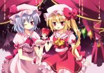  apple ascot bat_wings blonde_hair blue_hair blush cup fang flandre_scarlet food fruit mayo_(miyusa) multiple_girls open_mouth red_eyes remilia_scarlet shirt siblings side_ponytail sisters skirt skirt_set smile teacup touhou wings wink wrist_cuffs wristband 