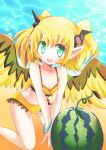  bare_legs bare_shoulders beach bikini bird_wings blonde_hair blue_eyes blush bracelet collarbone food fruit gibuchoko highres horns jewelry kneeling open_mouth original pointy_ears short_hair solo swimsuit twintails v_arms water watermelon wings 