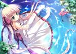  bare_shoulders barefoot blonde_hair blush dress green_eyes hair_ribbon long_hair looking_at_viewer looking_back looking_up mizusawa_mimori original outstretched_arm outstretched_hand partially_submerged ribbon ripples shoes_removed sitting solo sparkle submerged sundress twintails very_long_hair water 