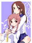  2girls aikawa_chiho blush brown_eyes brown_hair kantaka long_hair looking_at_viewer multiple_girls okano_kei school_uniform serafuku yuyushiki 