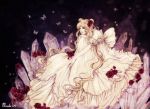  bare_shoulders bishoujo_senshi_sailor_moon blonde_hair blue_eyes butterfly chin_rest crystal dark double_bun dress facial_mark female flower forehead_mark gown hair_flower hair_ornament ice long_hair night princess princess_serenity red-priest-usada red_rose rose sitting solo tsukino_usagi twintails wavy_hair white_dress 