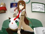  brown_hair calendar calendar_(object) cellphone jacket long_hair makise_kurisu necktie pantyhose phone steins;gate youtike 