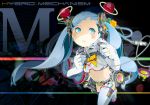  belt blue_eyes blue_hair cable controller flower game_controller hair_flower hair_ornament hatsune_miku hiroyuki_takahashi long_hair midriff playing_games solo thigh-highs thighhighs twintails vocaloid 