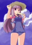  hat highres kir licking long_hair one-piece_swimsuit patchouli_knowledge popsicle purple_eyes purple_hair school_swimsuit solo straw_hat swimsuit touhou violet_eyes 