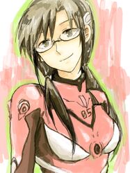  bodysuit brown_hair bust evangelion:_2.0_you_can_(not)_advance glasses makinami_mari_illustrious neon_genesis_evangelion plugsuit rebuild_of_evangelion smile solo tegaki twintails 