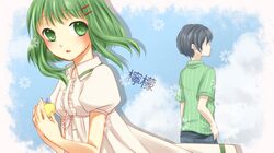  black_hair cloud dress duo flower green_eyes green_hair gumi hairpins lemon short_hair sky vocaloid yayoi 