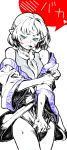  blue_eyes blush covering covering_crotch green_eyes mizuhashi_parsee monochrome off_shoulder pointy_ears shirt_tug short_hair solo spot_color sweat touhou watata13 