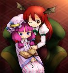 33kudo :&gt; :&lt; armband armchair bangs bat_wings blue_eyes blunt_bangs blush book bookshelf bowtie buttons child crescent dress dress_shirt hair_ornament hair_ribbon hairpin hat head_wings highres koakuma long_sleeves magenta_hair multiple_girls open_book orange_eyes patchouli_knowledge payot purple_hair reading red_eyes red_hair redhead ribbon shirt sitting skirt smile striped striped_dress the_embodiment_of_scarlet_devil touhou v_arms vest wide_sleeves wings wink young 