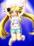  blush child diesel-turbo fate_testarossa hair_ribbon long_hair lyrical_nanoha mahou_shoujo_lyrical_nanoha midriff mizuki_nana navel open_mouth red_eyes ribbon seiyuu_connection shorts smile twintails 