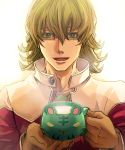  animal_cup barnaby_brooks_jr cup emi_(penguin908) glasses green_eyes jacket looking_at_viewer male milk red_jacket solo tiger_&amp;_bunny tiger_cup 