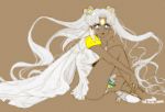  2011 bad_id bishoujo_senshi_sailor_moon blue_eyes brown cape female hair_ornament legs long_hair looking_at_viewer magical_girl mahou_shoujo sailor_cosmos shabomu shoes sitting solo spot_color tiara twintails white_hair 