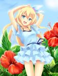  aizawa_hikaru alternate_costume arms_up blonde_hair blue_dress blue_eyes dress flower frills gathers hibiscus looking_at_viewer microsoft mis_res open_mouth silverlight smile solo 
