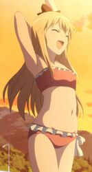  arm_up armpit armpits bare_shoulders bellybutton bikini blonde_hair blush bow closed_eyes female frills hair_bow highres long_hair mountains navel open_mouth ribbon screencap smile solo stitched swimsuit toshinou_kyouko yuru_yuri 