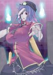  bad_id blue_hair breasts bust geung_si ghost graveyard hat hitodama jiangshi large_breasts miyako_yoshika ofuda outstretched_arms pale_skin red_eyes short_hair skirt smile solo sotoba star tombstone toono_yayoi touhou zombie_pose 