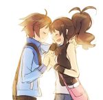  1girl bag blush brown_hair cloesed_eyes closed_eyes eyes_closed forehead-to-forehead forehead_to_forehead hand_holding holding_hands pokemon pokemon_(game) pokemon_black_and_white pokemon_bw ponytail simple_background sketch smile tears touko_(pokemon) touya_(pokemon) vest weee_(raemz) wristband 