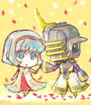  1girl bare_shoulders blue_eyes bob_cut boots chibi cis_(tiger_&amp;_bunny) couple dress epaulettes eyelashes hairband hanabirapuzzle hand_holding helmet holding_hands itsuki_(hanafuruhi) male petals power_suit short_hair sky_high superhero tiger_&amp;_bunny traditional_media white_hair 