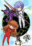  ayanami_rei blue_eyes blue_hair bodysuit chibi eva_01 gainaxtop hair_ornament index_finger_raised lance_of_longinus multiple_girls neon_genesis_evangelion official_art orange_hair penpen plugsuit raised_finger red_eyes sachiel soryu_asuka_langley souryuu_asuka_langley tsutsumi_aya weapon 