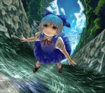  bad_id blue_eyes blue_hair bow cirno cloud dress dress_shirt face flying footwear forest hair_bow ice nature puffy_sleeves ribbon river scenery shaun_(fallenicons) shirt short_hair sky socks solo touhou water wings 
