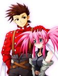  1girl blue_eyes blush brown_hair couple elbow_gloves gloves hand_on_head height_difference highres lloyd_irving petting pink_hair presea_combatir shangorilla smile tales_of_(series) tales_of_symphonia twintails 