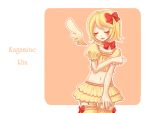  blonde_hair blush closed_eyes happy kagamine_rin midriff pantyhose ribbon short_hair skirt solo stockings thigh-highs thighhighs vocaloid wallpaper wings yayoi 