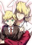  animal_ears barnaby_brooks_jr blonde_hair blush bunny_ears child dual_persona glasses green_eyes holding jacket jewelry kemonomimi_mode male minchi multiple_boys necklace necktie red_jacket short_hair tiger_&amp;_bunny time_paradox young 