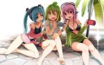  arm_support barefoot bikini blue_hair breasts crossover feet green_hair hatsune_miku headphones highres jacket kuromaru9 multiple_girls navel nitroplus one-piece_swimsuit original palm_tree personification pink_hair playing_games playstation_portable pool psp sonico soniko super_sonico swimsuit swimsuit_under_clothes tree vocaloid wink 