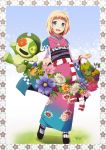  ao_no_exorcist aqua_eyes basket blonde_hair blush border cross dandelion flower food fruit grapes highres japanese_clothes jewelry kimono kotobamaru moriyama_shiemi necklace nii_(ao_no_exorcist) rosary short_hair standing vertical-striped_legwear vertical_stripes 