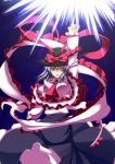  arm_up ascot bow energy_ball hat hat_bow highres iwanori long_skirt nagae_iku open_mouth pointing pointing_up purple_hair red_eyes ribbon saturday_night_fever serious shawl short_hair skirt solo touhou 
