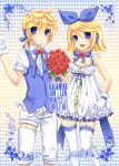  birthday blonde_hair blue_eyes blush couple dress duo flower gloves happy headphones kagamine_len kagamine_rin necktie ribbon short_hair smile stockings thigh-highs thighhighs twins vocaloid yayoi 