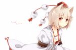 1girl animal_ears breasts collarbone hat hat_ribbon inubashiri_momiji kinona long_sleeves looking_at_viewer open_clothes open_shirt red_eyes ribbon shirt short_hair silver_hair simple_background solo tokin_hat touhou white_background wide_sleeves wolf_ears 
