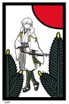  1boy black_gloves card_(medium) fingerless_gloves gloves hanafuda japanese_clothes katana kusazuri looking_back male_focus mizuhara_aki parody pine_tree red_sun sandals sheath sheathed short_hair silver_hair socks solo style_parody sword touken_ranbu tree tsurumaru_kuninaga walking weapon white_background yellow_eyes 