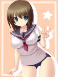  bad_id blue_eyes breasts brown_hair no_pants one-piece_swimsuit original school_swimsuit school_uniform smile solo star swimsuit swimsuit_under_clothes tsukumiya_amane v waving 