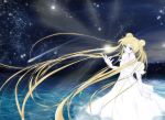  bishoujo_senshi_sailor_moon blonde_hair blue_eyes dress female hair_ornament long_hair night princess princess_serenity solo stars twintails water white_dress 