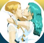  2girls aqua_hair bishoujo_senshi_sailor_moon blonde_hair close closed_eyes duo earring female green_hair jewelry kiss knife long_hair magical_girl mahou_shoujo realistic sailor_neptune sailor_uranus short_hair weapon yuri 