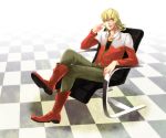  alica_yu barnaby_brooks_jr belt blonde_hair chair checkered checkered_floor crossed_legs glasses green_eyes jacket jewelry legs_crossed male necklace red_jacket sitting solo studded_belt tiger_&amp;_bunny 