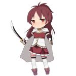  adapted_costume boots cape chibi cosplay detached_sleeves gloves knt31 long_hair magical_girl mahou_shoujo_madoka_magica miki_sayaka miki_sayaka_(cosplay) ponytail red_eyes red_hair redhead sakura_kyouko simple_background skirt solo sword thigh-highs thighhighs tsuzuya_(knt31) weapon white_gloves white_legwear zettai_ryouiki 