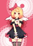  angel angel_wings blonde_hair blush dress elbow_gloves hairpins kagamine_rin nail_polish pantyhose red_eyes ribbon short_hair solo thigh-highs vocaloid wings yayoi 
