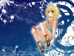  blonde_hair blue_background flower full_body kagamine_rin necklace ribbon short_hair smile solo stars vocaloid yayoi 