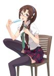  black_legwear blue_eyes blush brown_hair chair evangelion:_2.0_you_can_(not)_advance glasses hairband highres long_hair maeda_risou makinami_mari_illustrious necktie neon_genesis_evangelion plaid popsicle rebuild_of_evangelion risoumaeda school_uniform simple_background sitting skirt solo sweat thigh-highs thighhighs tongue twintails white_background zettai_ryouiki 