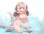  arima_natubon bandeau bow breasts cleavage detached_sleeves feathers female green_eyes hair_bow hairband high_heels large_breasts long_hair no_panties partially_submerged pink_hair ragnarok_online sandals shoes sitting smile solo sorcerer sorcerer_(ragnarok_online) submerged tubetop wariza water wet 