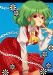  ascot bending bent_over chain chains dress_shirt flower girotin_ginza green_hair hand_on_own_face hand_to_face kazami_yuuka plaid plaid_skirt plaid_vest red_eyes shirt short_hair skirt skirt_set solo tongue tongue_out touhou vest youkai 