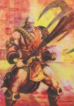  angry armor beard boots dynasty_warriors fire huang_gai koei male muscles sangoku_musou shield short_hair solo warrior weapon white_hair 