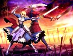  archer armor back-to-back blonde_hair dual_wielding fate/stay_night fate_(series) genzoman kanshou_&amp;_bakuya saber sword unlimited_blade_works weapon 