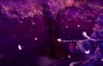  back butterfly cherry_blossoms dress fan folding_fan from_behind hat hitodama night petals pink_hair purple saigyouji_yuyuko short_hair solo standing touhou tree yi_denka yi_dianxia 
