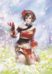  armored boots bracelet brown_hair dynasty_warriors earring earrings flower gloves hair_bow jewelry koei lipstick official_art petals sangoku_musou shield shin_sangoku_musou short_hair skirt sky smile sun_shang_xiang warrior 